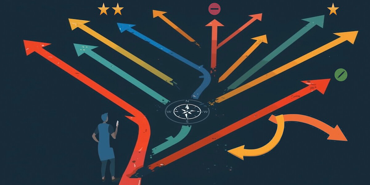 Illustration einer Person vor vielen farbigen Pfeilen, die verschiedene Entscheidungswege zeigen