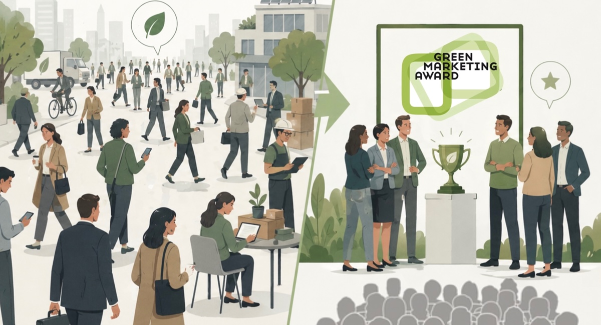 Illustration zum „Green Marketing Award“ mit nachhaltiger Geschäftswelt.