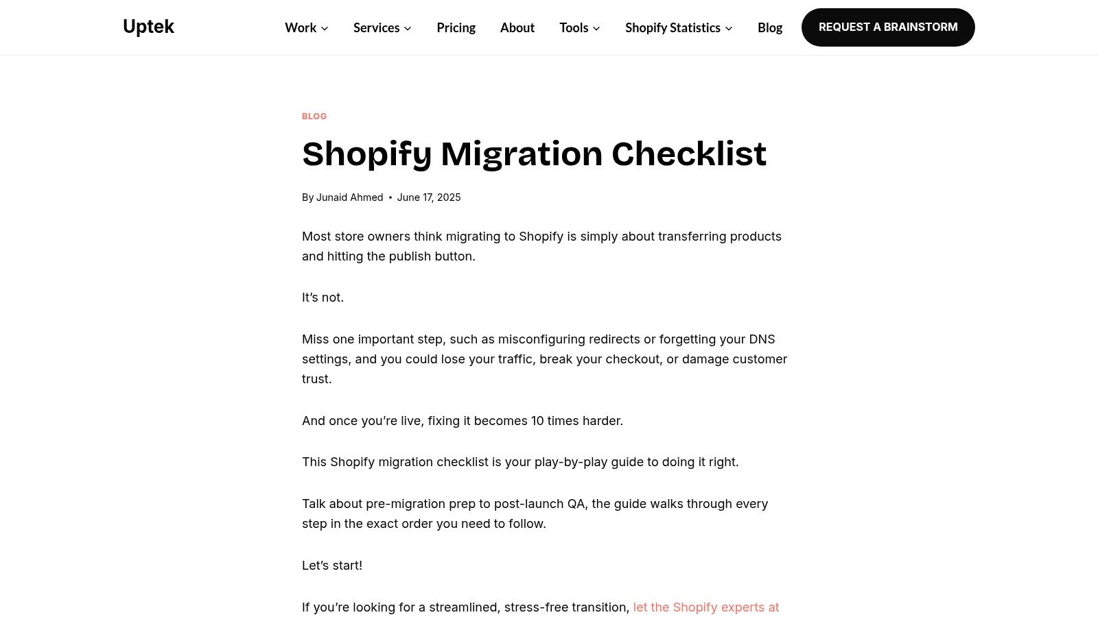 Uptek's Shopify Migration Checklist