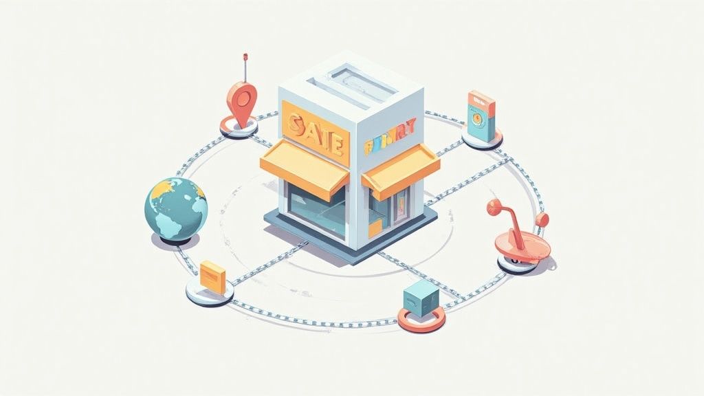 An abstract image showing interconnected nodes, representing the power and network effect of backlinks for an ecommerce store.