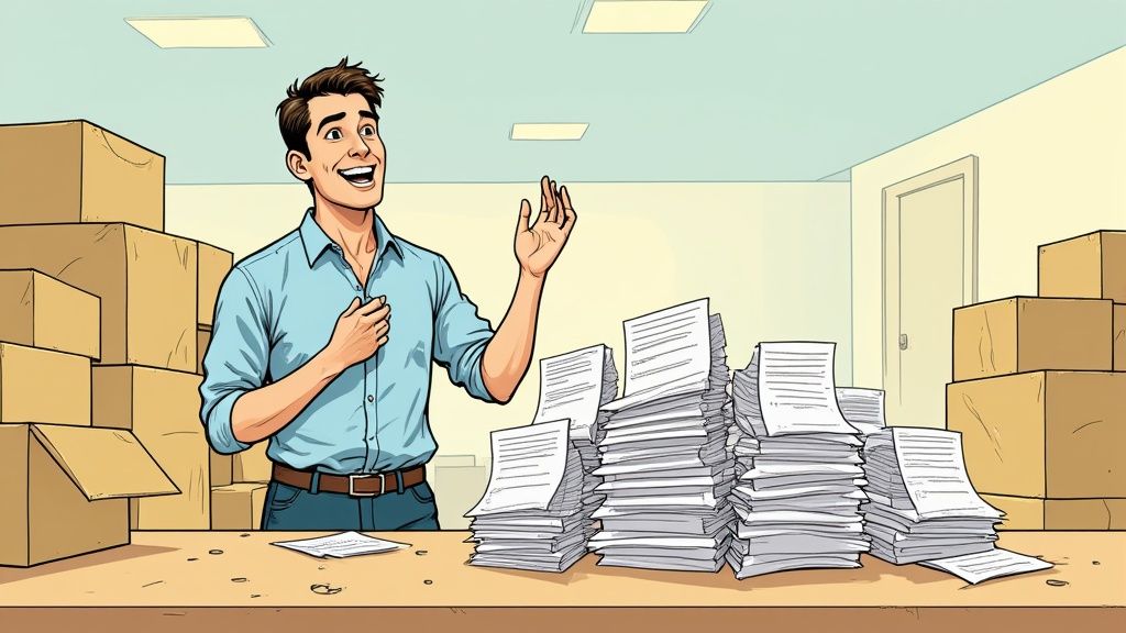 A person working on a laptop at a desk with organized notes and a calendar