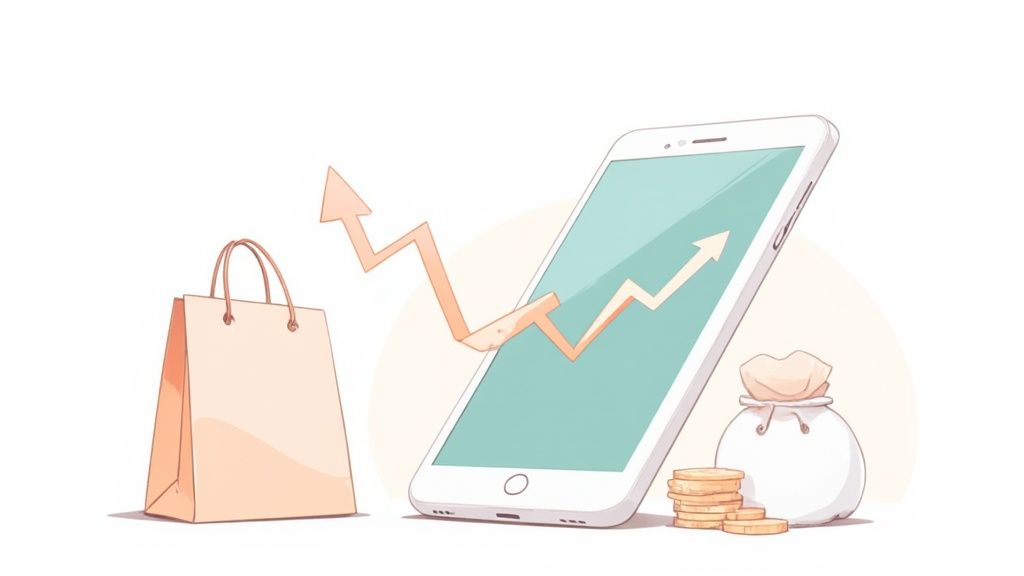 Woman happily shopping on her phone while relaxing on a couch, illustrating convenience