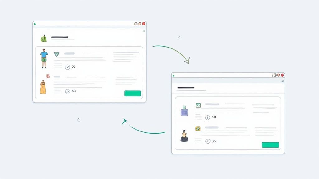 A visual showing a product catalog being synced between Shopify and TikTok Shop dashboards