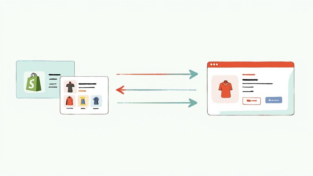 A person managing an e-commerce catalog on a laptop with TikTok and Shopify icons floating around.