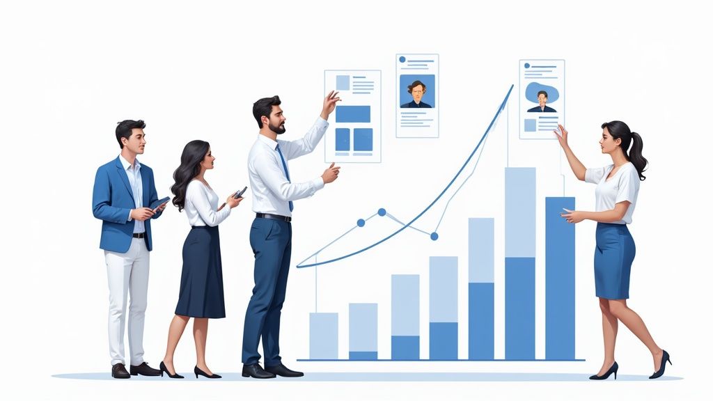A team of marketing experts collaborating around a table with analytics on a screen