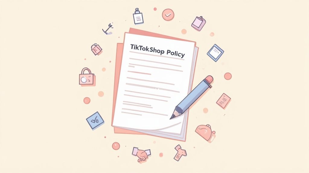 A person checking their TikTok Shop analytics and policies on their smartphone, with a laptop open nearby.