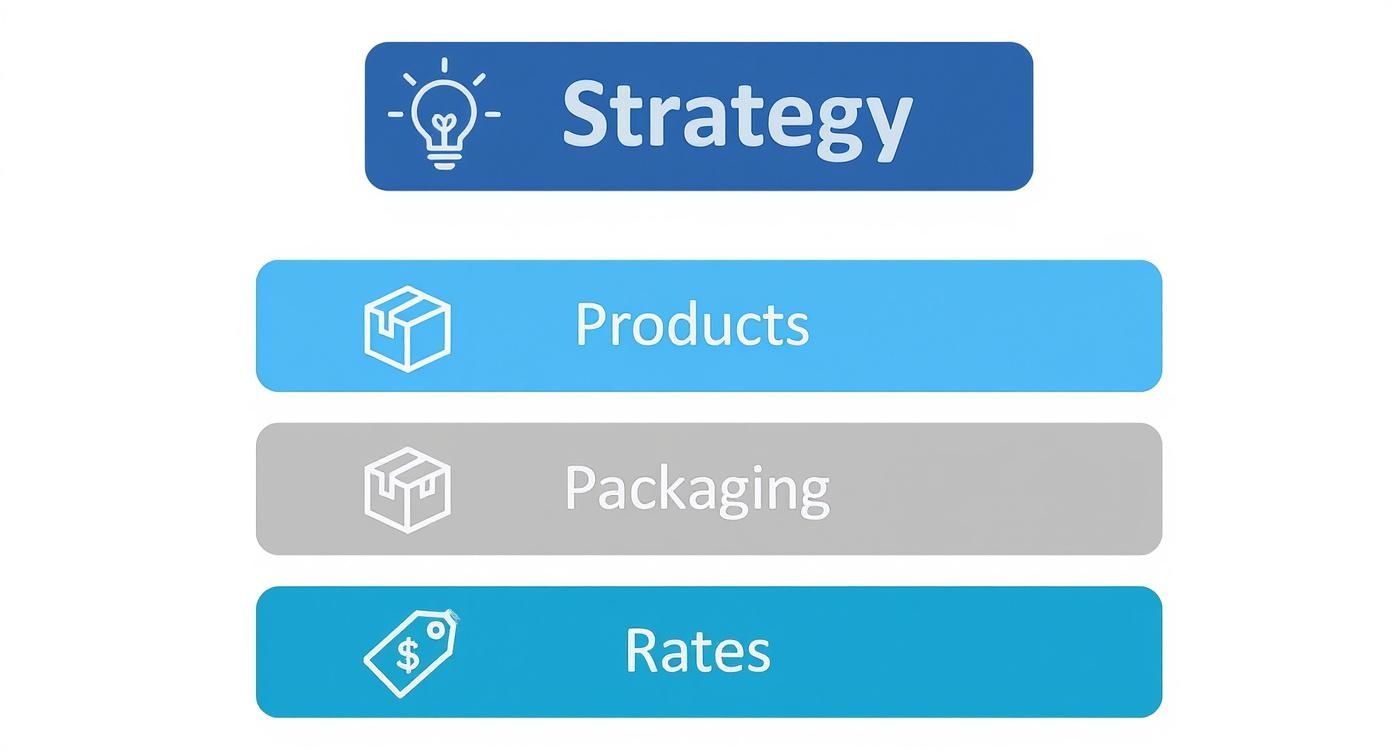 Infographic showing the hierarchy of a shipping strategy, starting with Strategy, then branching to Products, Packaging, and Rates