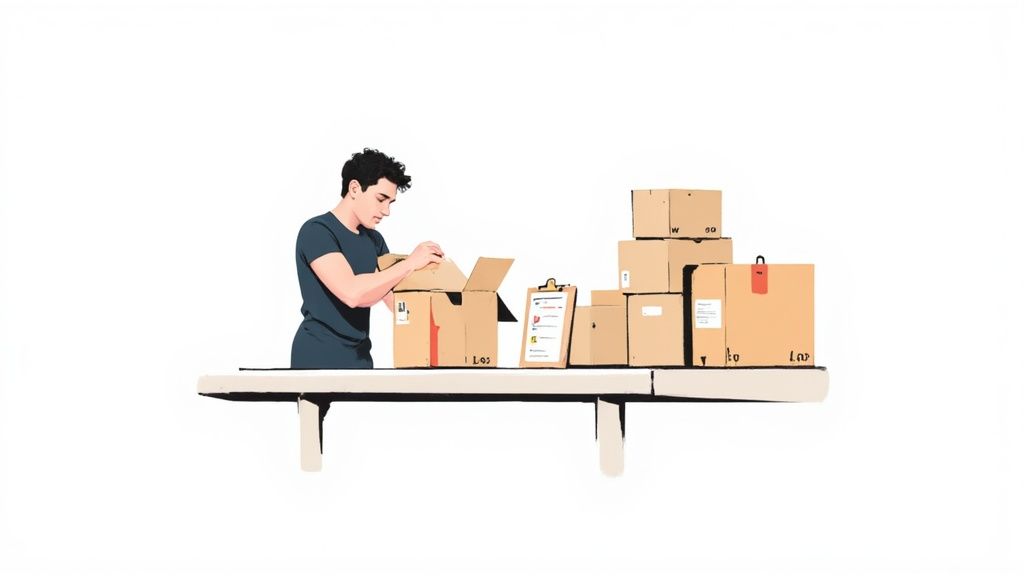 Person packing a box for shipment with a laptop showing a Shopify order in the background