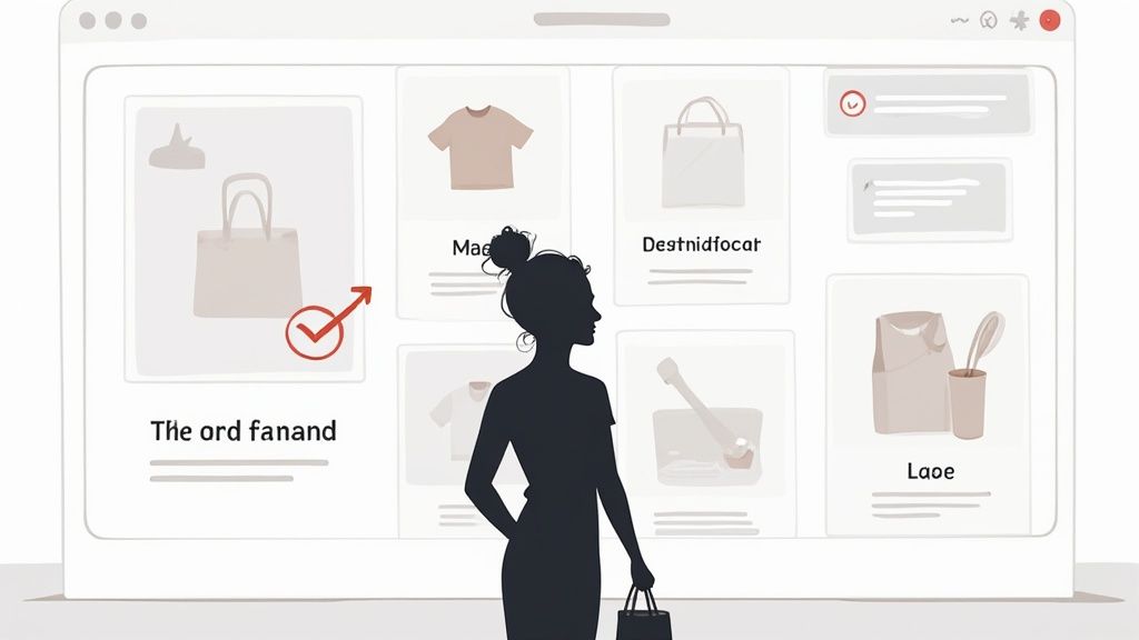 A shopper interacting with a personalized product recommendation on a tablet.