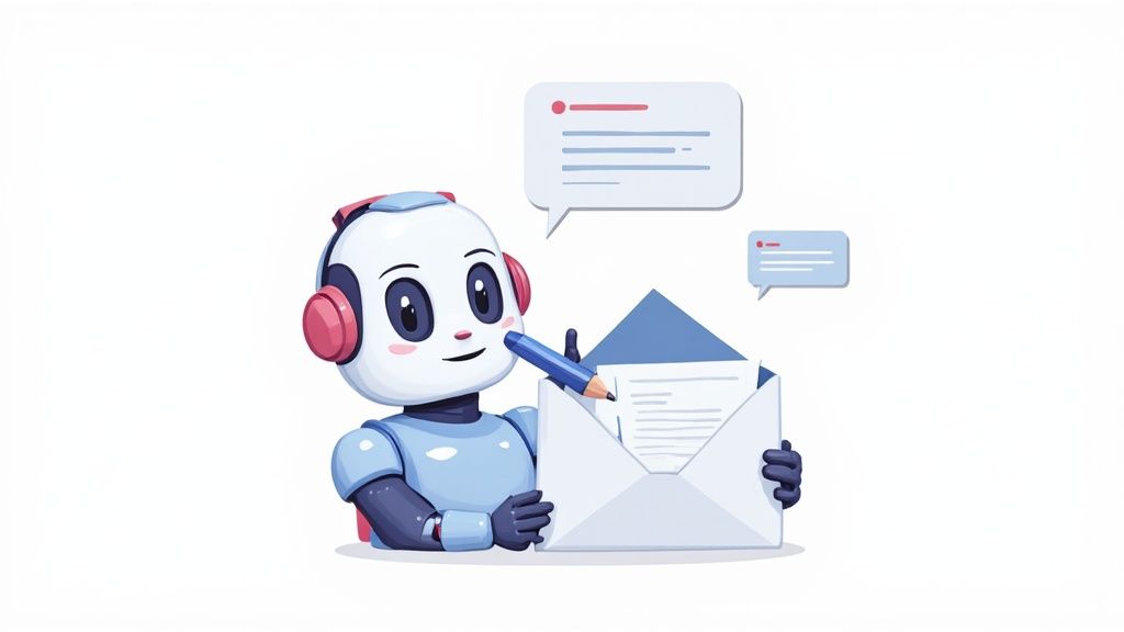 AI-powered tools on a screen helping a person write an email, symbolizing AI's role in email marketing automation
