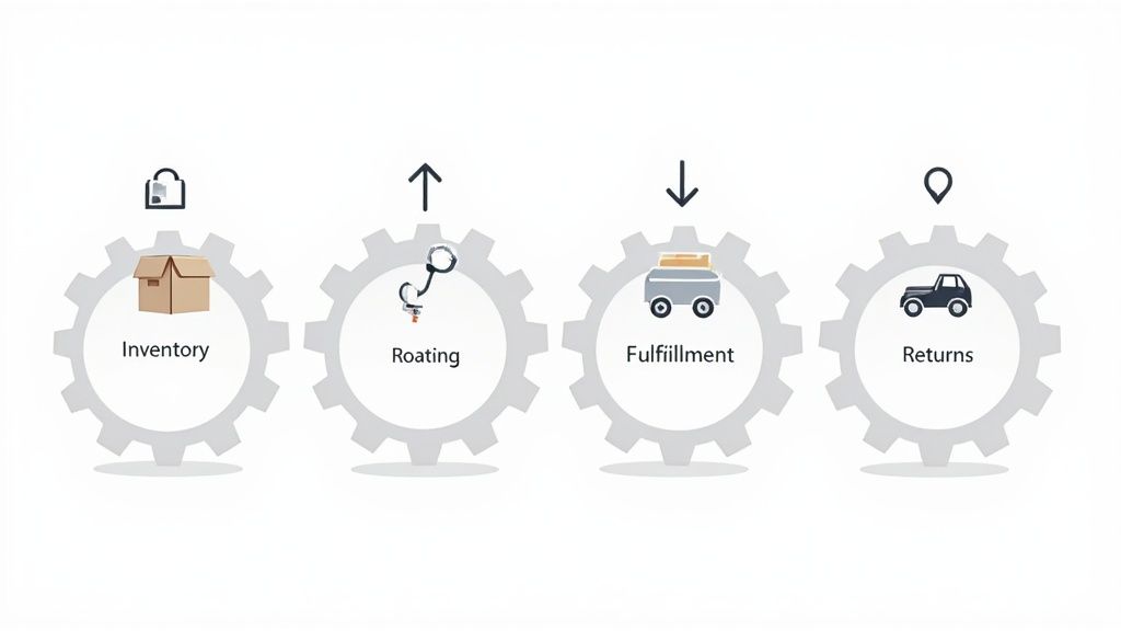 An illustrated flowchart showing the journey of an order through an order management system.
