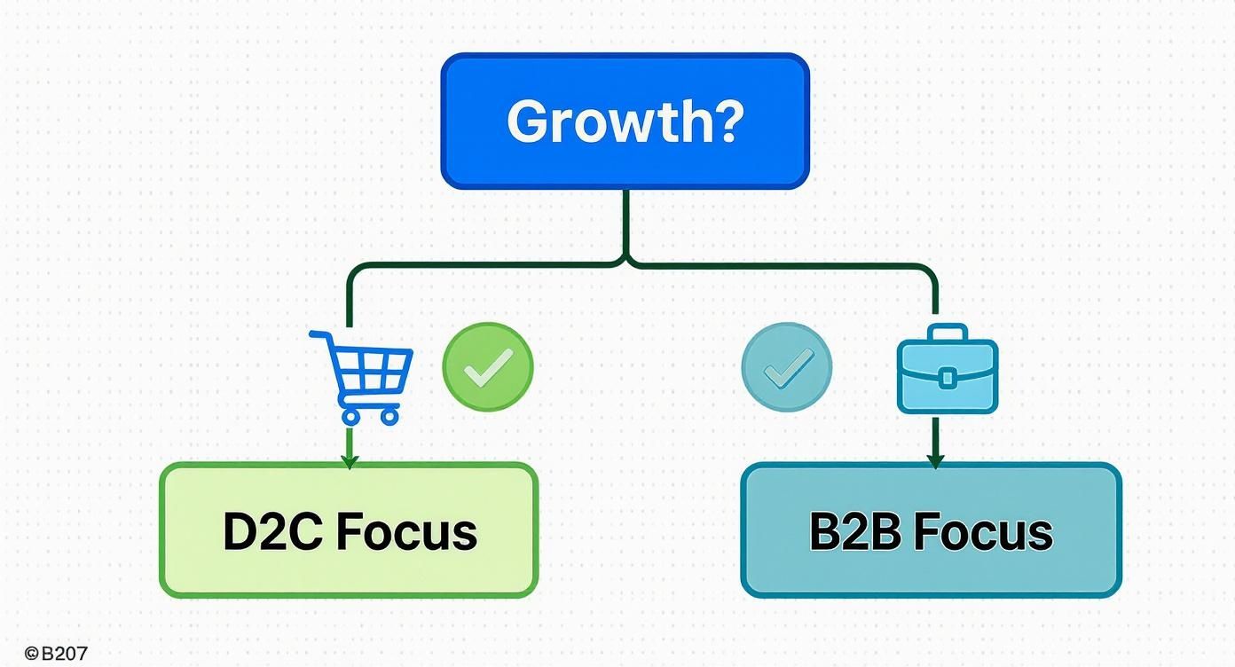 Infographic decision tree showing how a business's growth focus on D2C or B2B can help them decide between BigCommerce or Shopify.