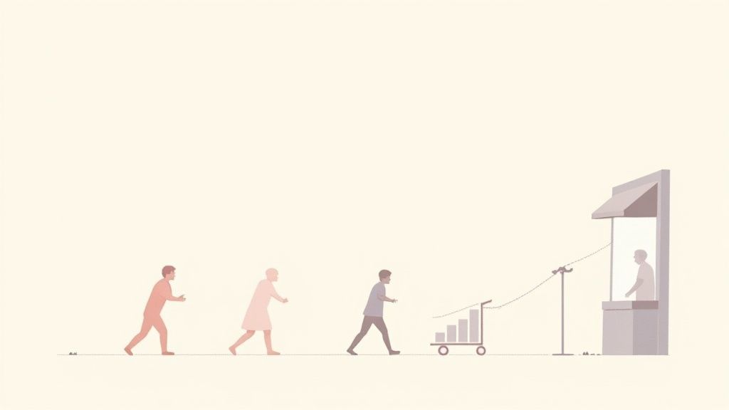 A hand holding a megaphone, symbolizing customer feedback, with data charts in the background