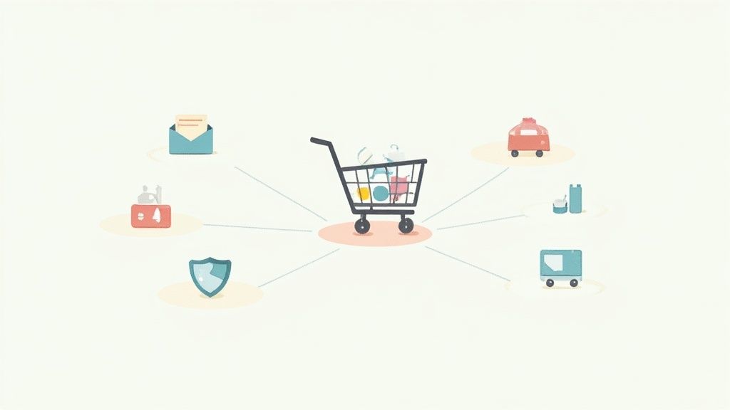 Illustration of a central hub connecting various app icons for marketing, shipping, and payments.