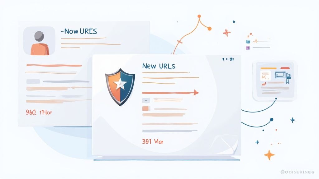 An abstract image representing SEO with glowing lines and data points, symbolizing the protection of search rankings during a website migration.