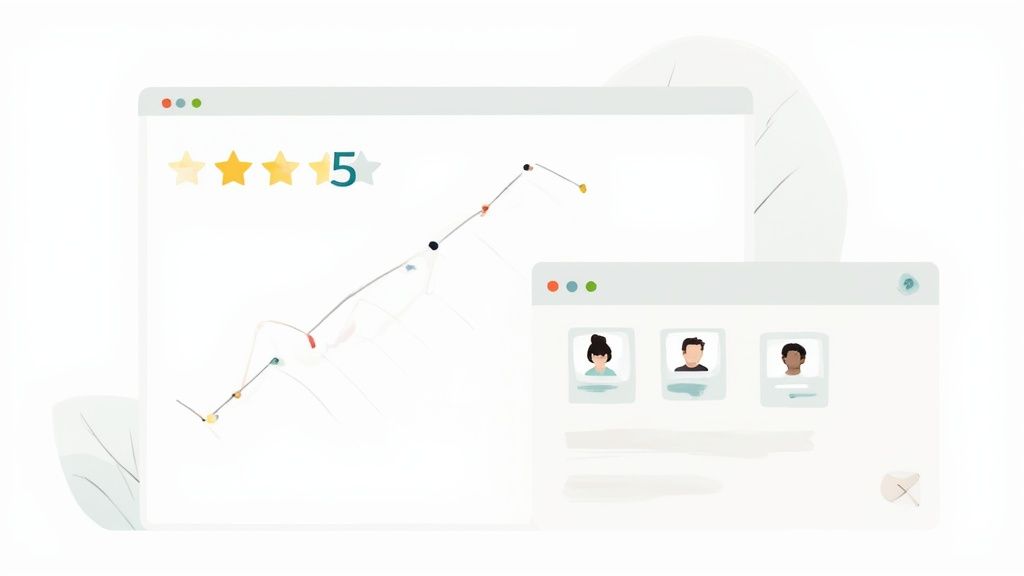 A customer leaving a five-star review on a mobile phone, representing the importance of reviews on Shopify.