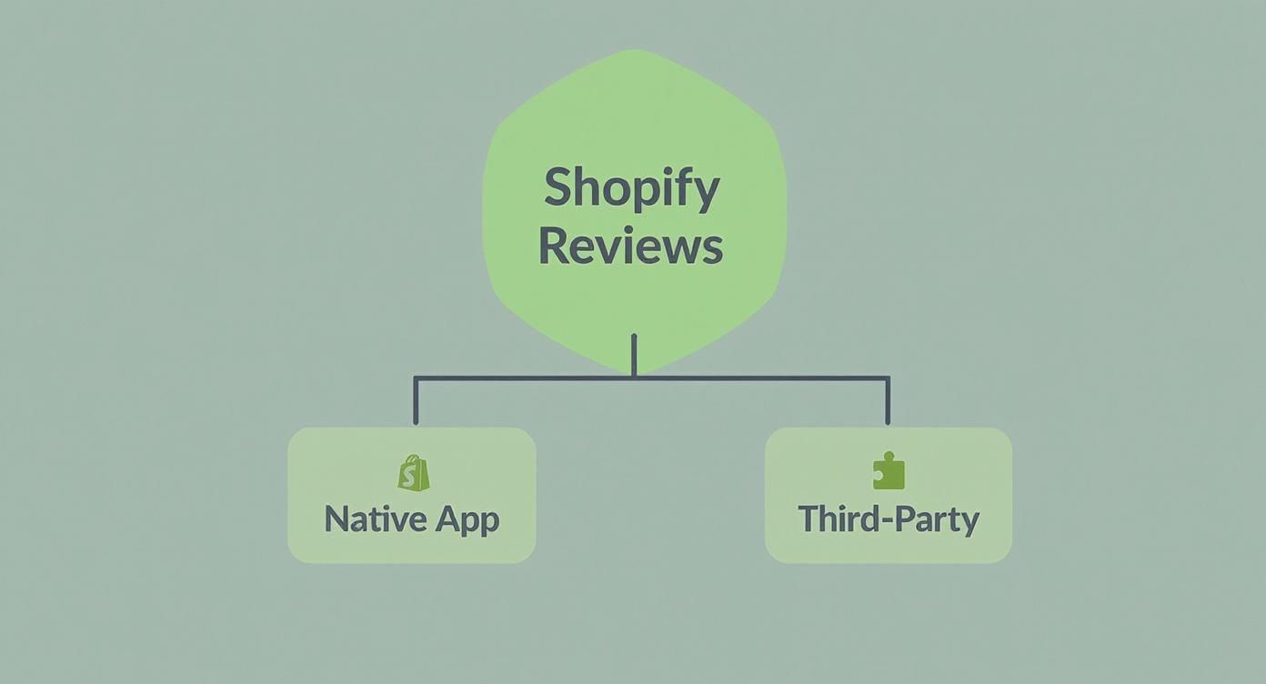 An infographic decision tree showing the two main paths for adding reviews to Shopify: the native app versus third-party apps.