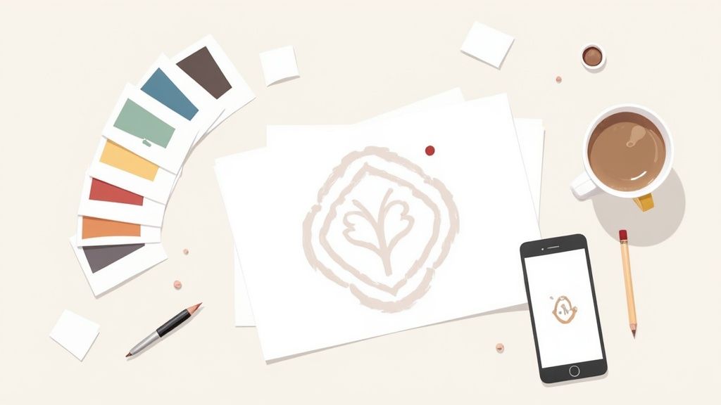 A person designing an ecommerce store on a laptop, with branding elements like logos and color palettes visible.