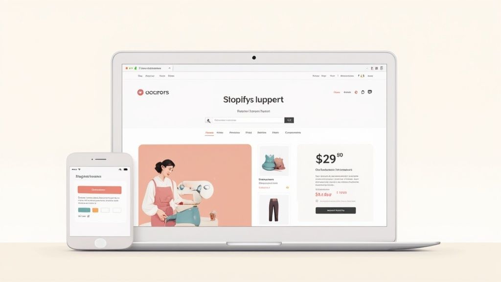 A person working on a laptop with a Shopify store design interface on the screen.