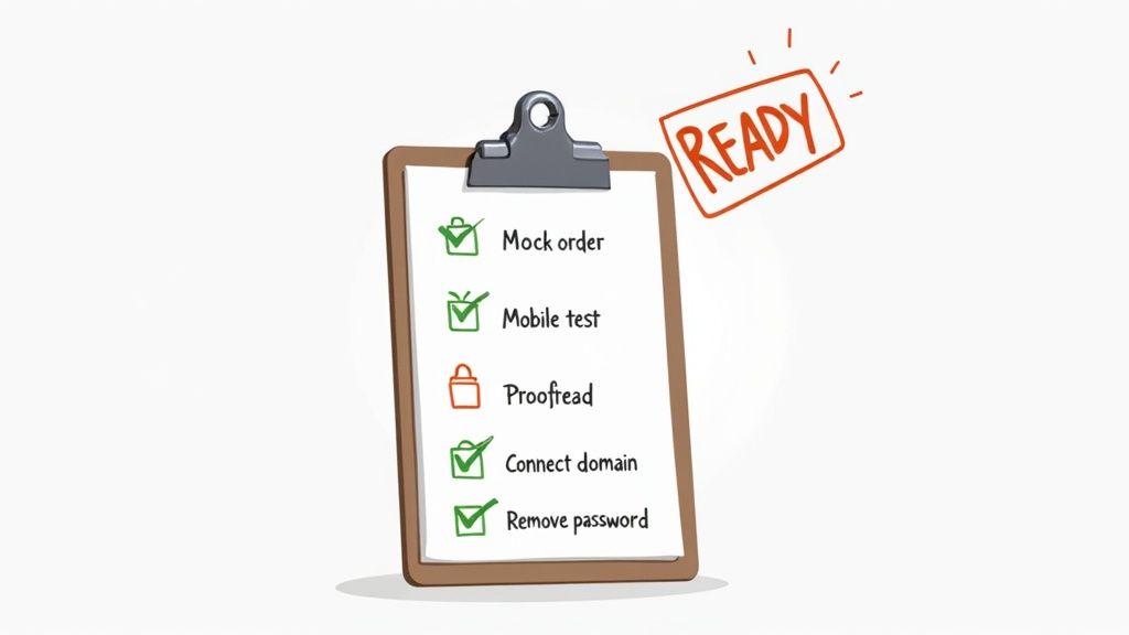 A person reviewing a checklist on a clipboard with a Shopify store in the background.