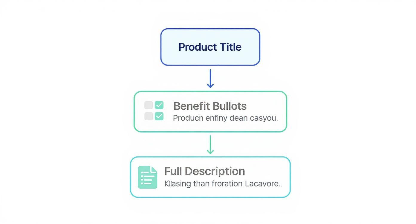 An infographic showing the ideal hierarchy for product page copy, starting with the Product Title, followed by Benefit Bullets, and ending with the Full Description.