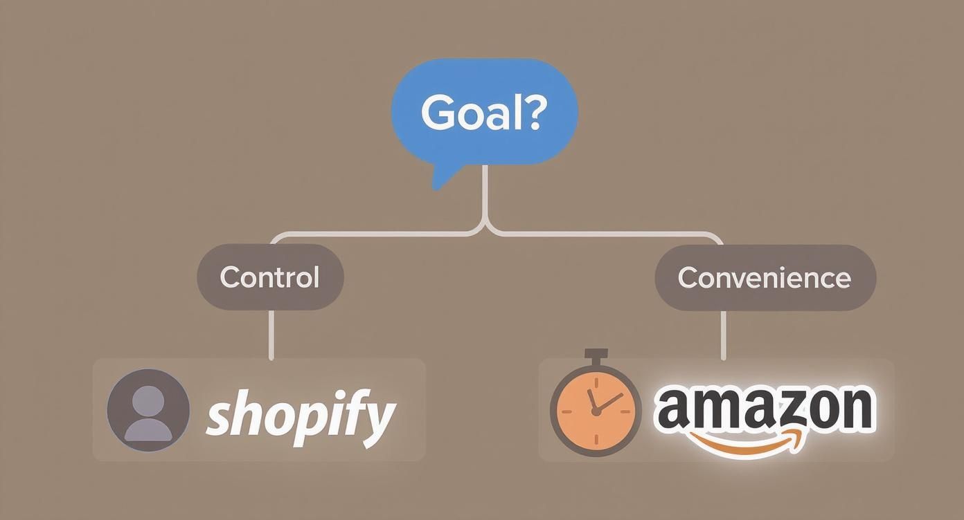 Infographic decision tree asking if your goal is control or convenience, pointing to Shopify for control and Amazon for convenience.