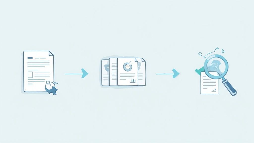 A person writing on a laptop with creative ideas flowing around them.