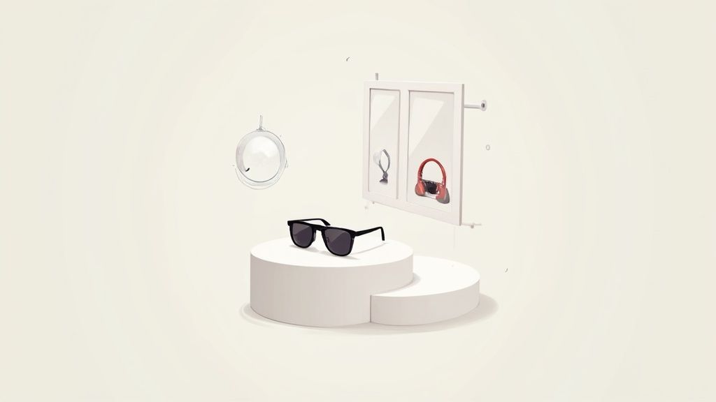 Minimalist product display featuring black sunglasses on white circular pedestals with fashion accessories