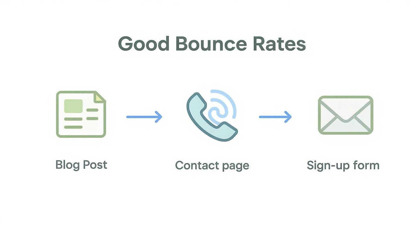 Flowchart showing good bounce rates with blog post leading to contact page and sign-up form