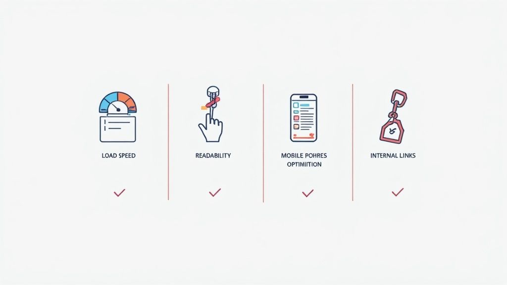 Four website performance metrics with checkmarks: load speed, readability, mobile optimization, and internal links