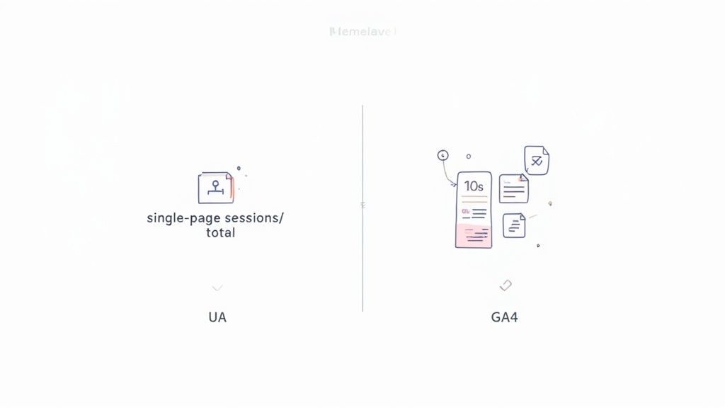 Comparison diagram showing Universal Analytics tracking single-page sessions versus Google Analytics 4 tracking multiple engagement events