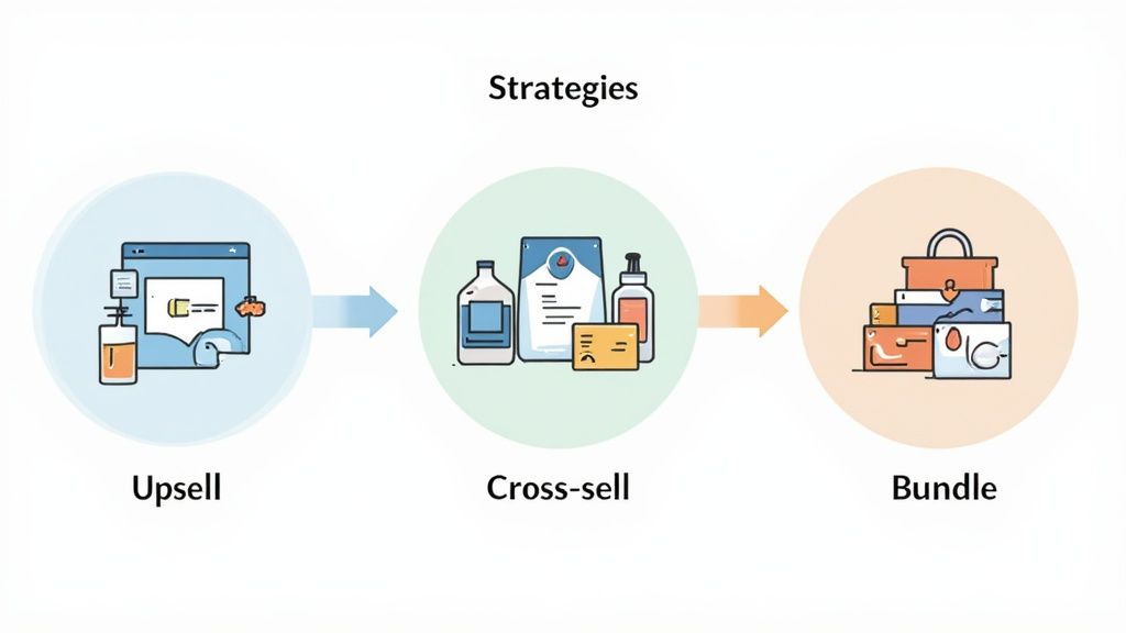 Three sales strategies illustrated: upsell with digital products, cross-sell with related items, and bundle packages