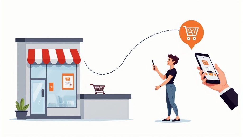 Customer using mobile phone to shop online from local retail store with digital shopping cart