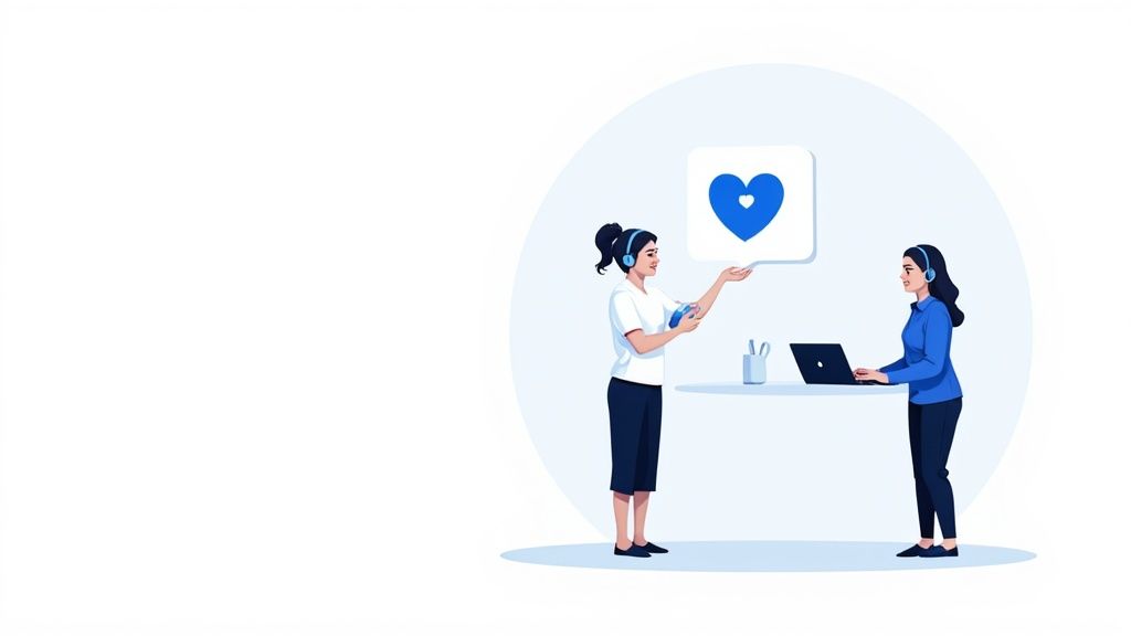 Two professional women discussing customer service strategy with heart icon speech bubble in office