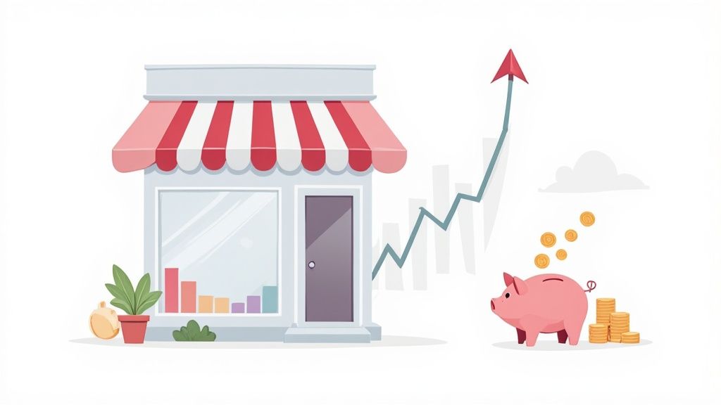 Illustration of a shop, a growing chart, and a piggy bank with coins, representing business growth and savings.