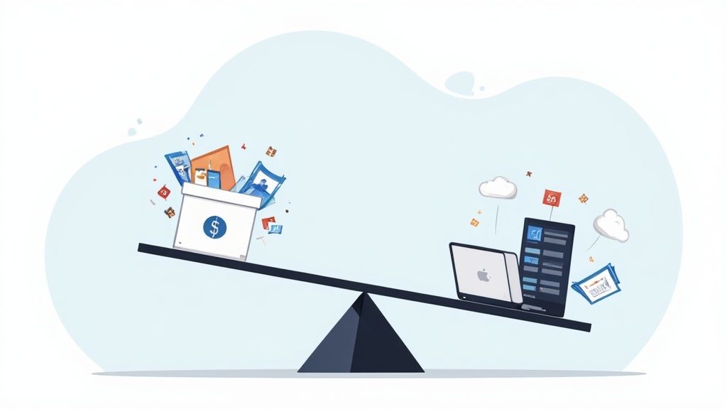 A seesaw balancing a box of money and documents on one side and a laptop and phone on the other.