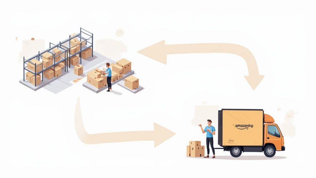 E-commerce logistics process illustrating warehouse operations, package handling, and Amazon delivery.