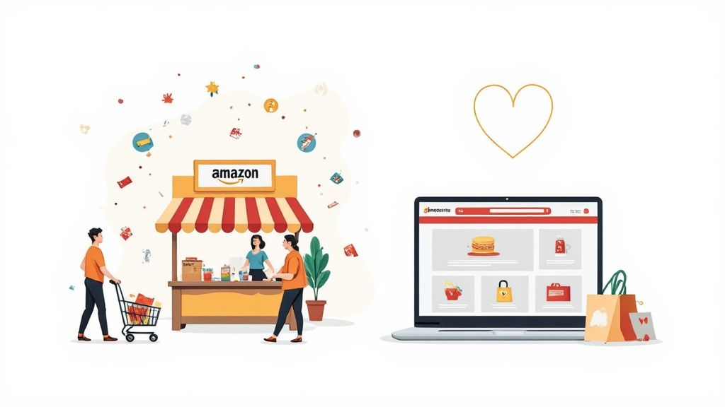 An illustration comparing Amazon's physical retail store with customers and an online e-commerce website.