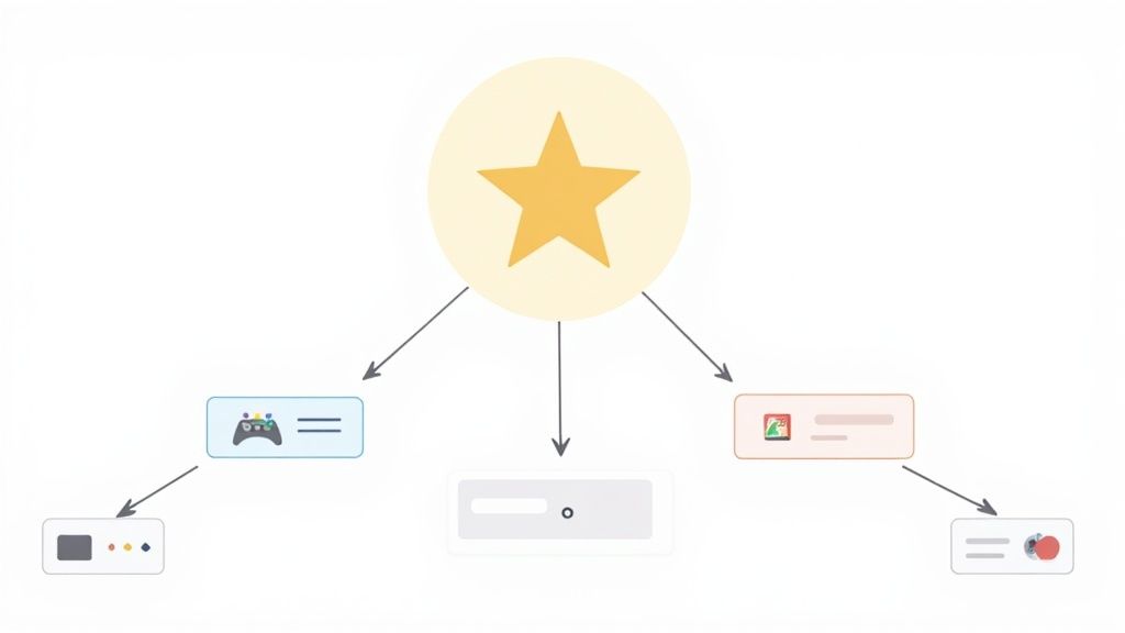A diagram featuring a central star icon as a hub, branching out to different conceptual categories.
