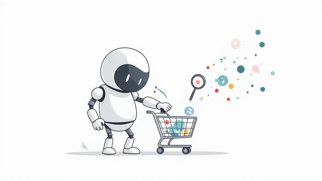 A robot pushing a shopping cart, with a magnifying glass examining colorful data points.