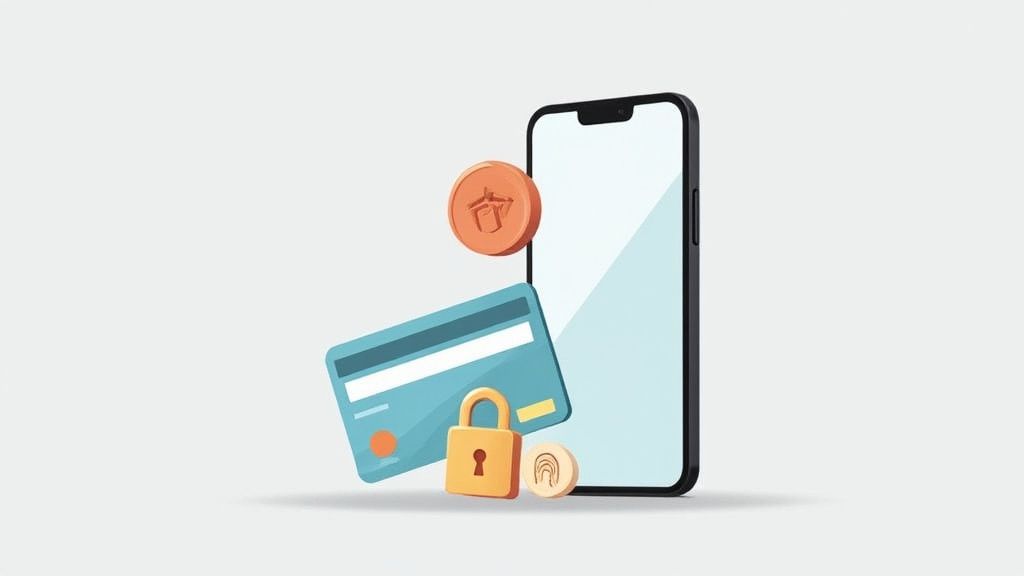 A smartphone, credit card, padlock, and payment icons symbolizing secure online shopping.