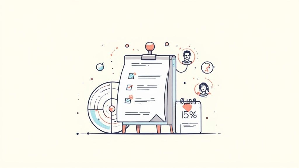 Illustration of a project management scene with a checklist, target, user avatars, and a 15% progress indicator, depicting progress and collaboration.