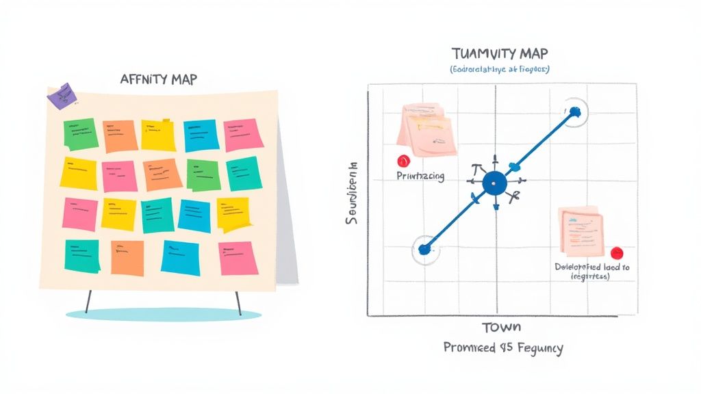 Two diagrams: an Affinity Map with colorful sticky notes and a Tuamvity Map for prioritization.