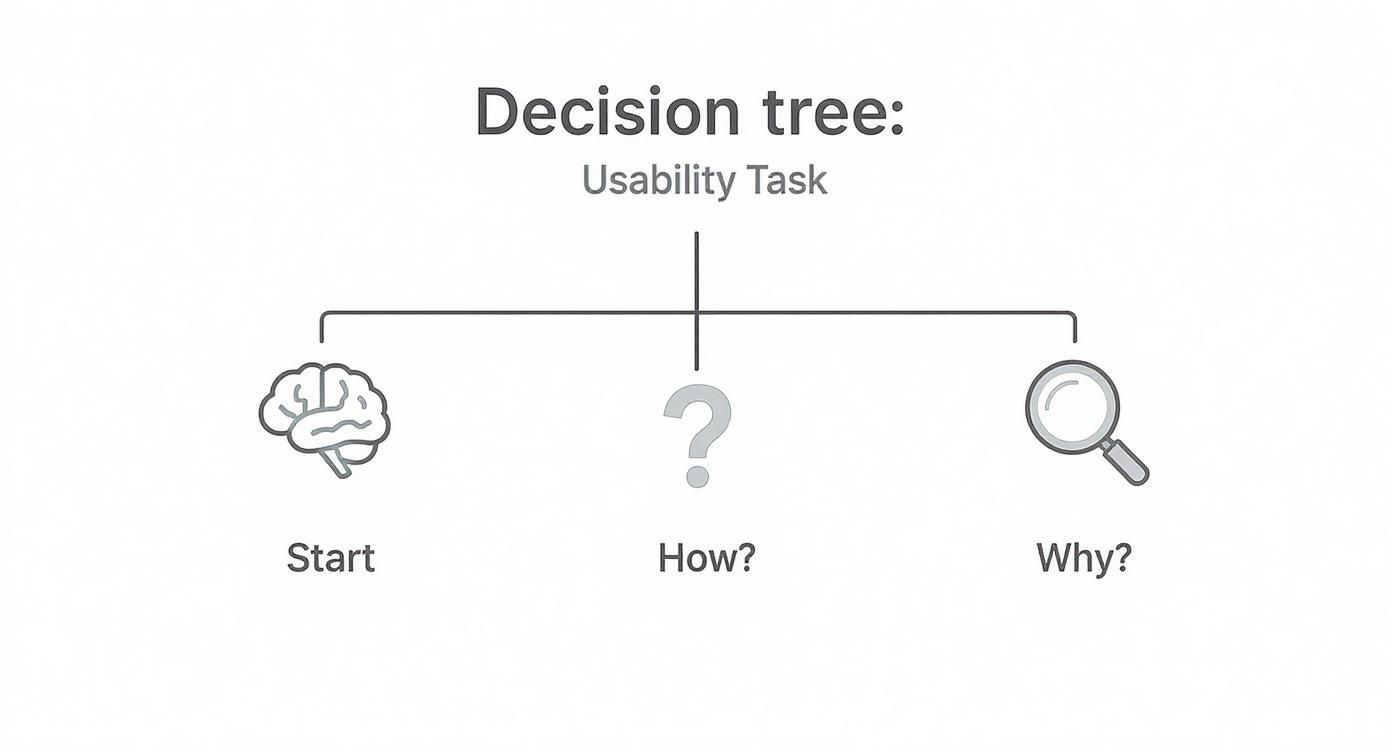 A decision tree diagram illustrating a usability task with branches for start, how, and why.