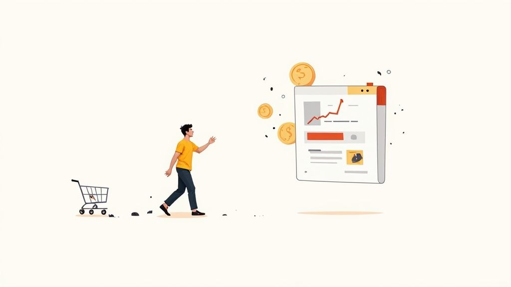 Illustration of a man moving from an empty shopping cart towards a web page showing financial growth.