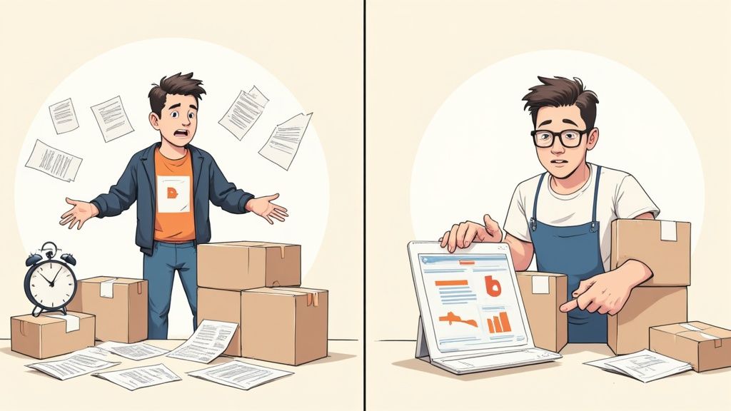 An illustration showing a man overwhelmed by shipping orders, then efficiently managing them with a laptop.