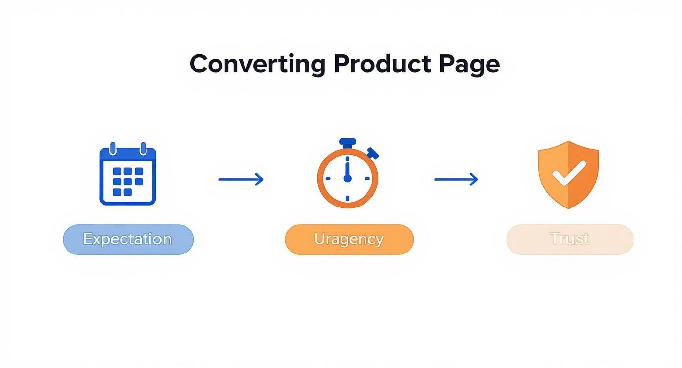 Flowchart showing 'Expectation' (calendar) to 'Urgency' (stopwatch) then 'Trust' (shield) for product page conversion.