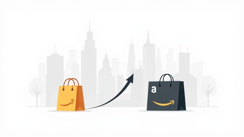 Orange Amazon shopping bag with smile, arrow to black Amazon bag, representing e-commerce growth in a city.