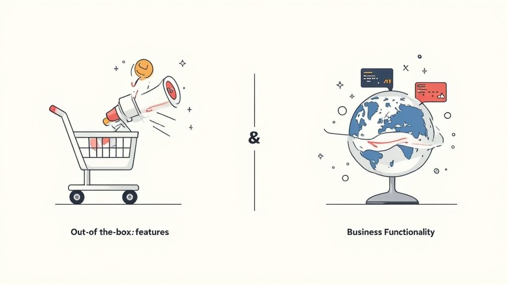 Illustration showing a shopping cart with out-of-the-box features and a globe for business functionality.