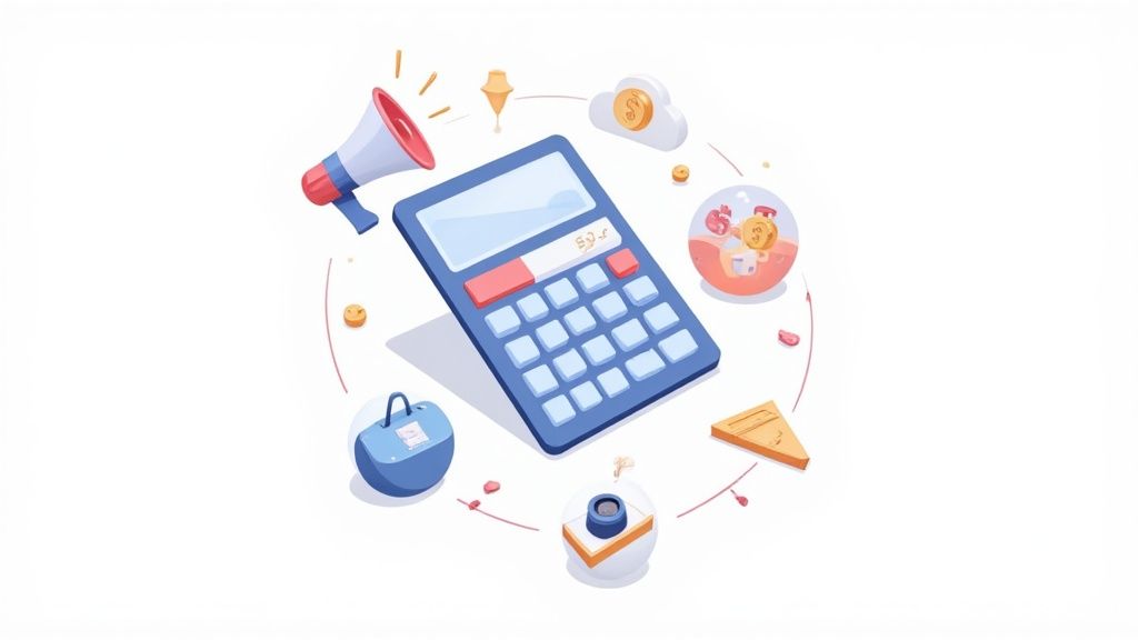 A calculator surrounded by business and financial icons like a megaphone, money cloud, and suitcase, illustrating financial analysis.